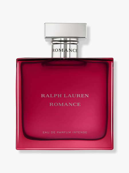 Ralph Lauren Romance Eau de Parfum Intense fuchsia square bottle of perfume with silver cap on light gray background